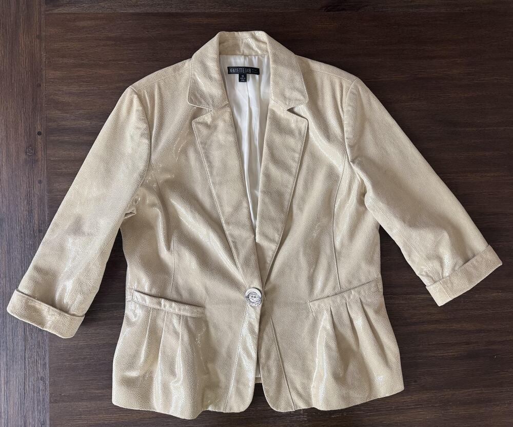 Lafayette 148 Leather Blazer Jacket Womens 14 Beige Gold 3/4 Sleeve Pleated